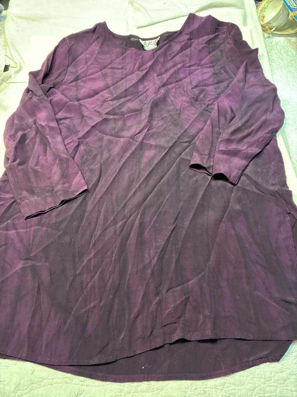 A.K.F. New York Tunic Top Purple Silk Long Sleeve Split Hem